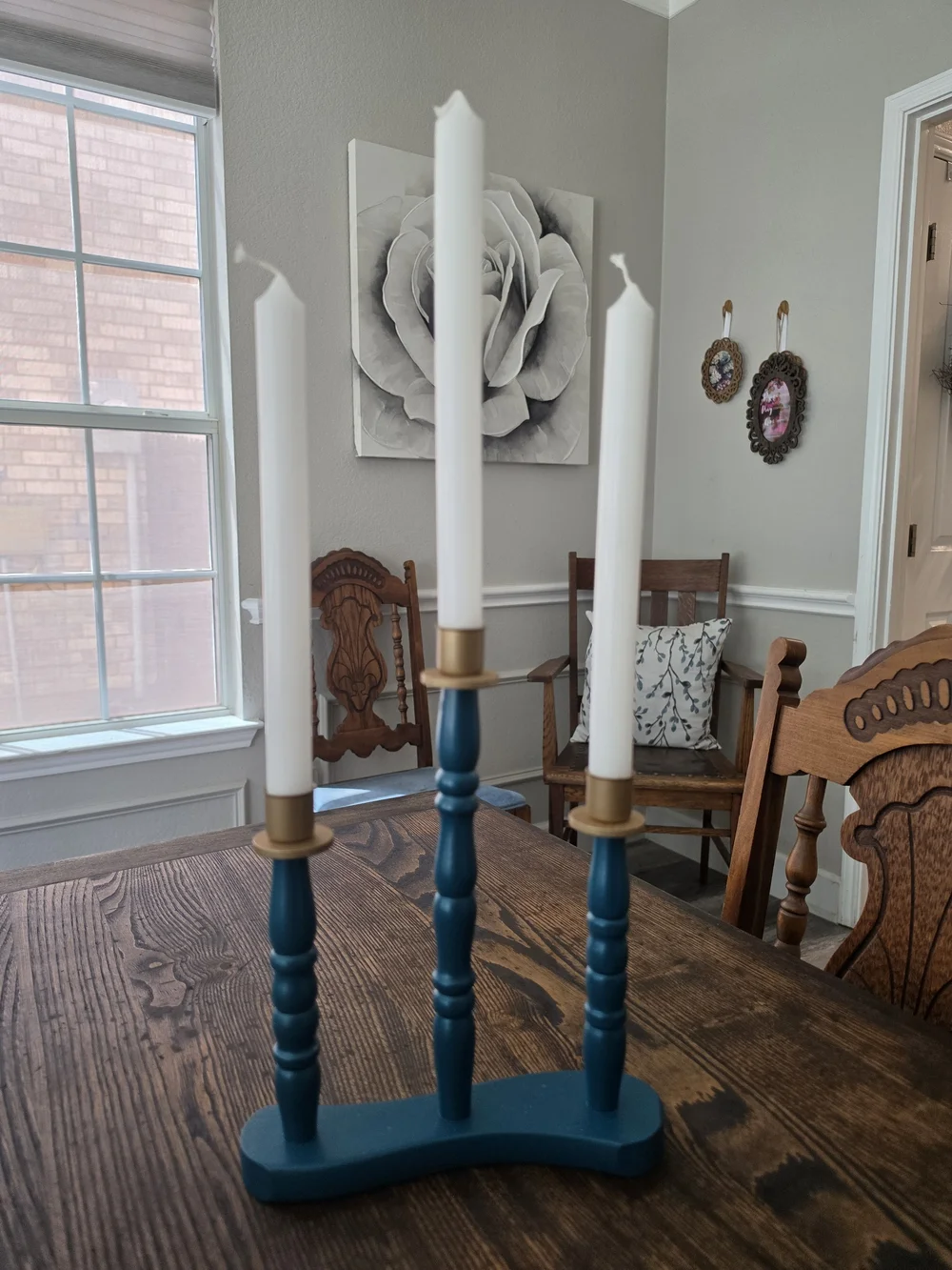 Deep Teal Blue Wood 3-Arm Taper Candle Candelabra Centerpiece Gold Metal Cups